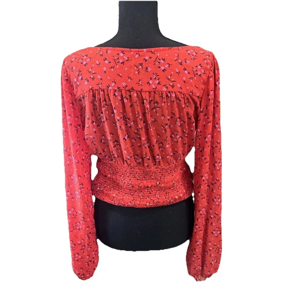 Free People Lolita Smocked Red Floral Top Women’s Medium Blouse Boho Chic Casual
